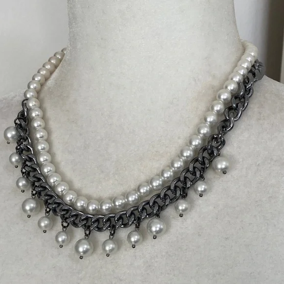 Edgy Pearl and Gunmetal Chain Fringe Sophisticated Bohemian Necklace